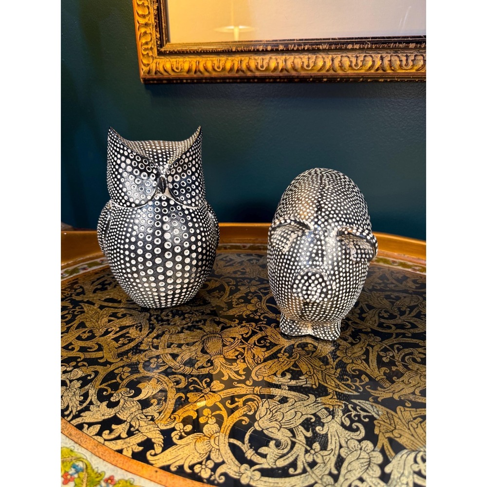 Pier 1 Imports Black & White Polka Dot Pig and Owl Figurine Set - Picture 3 of 15